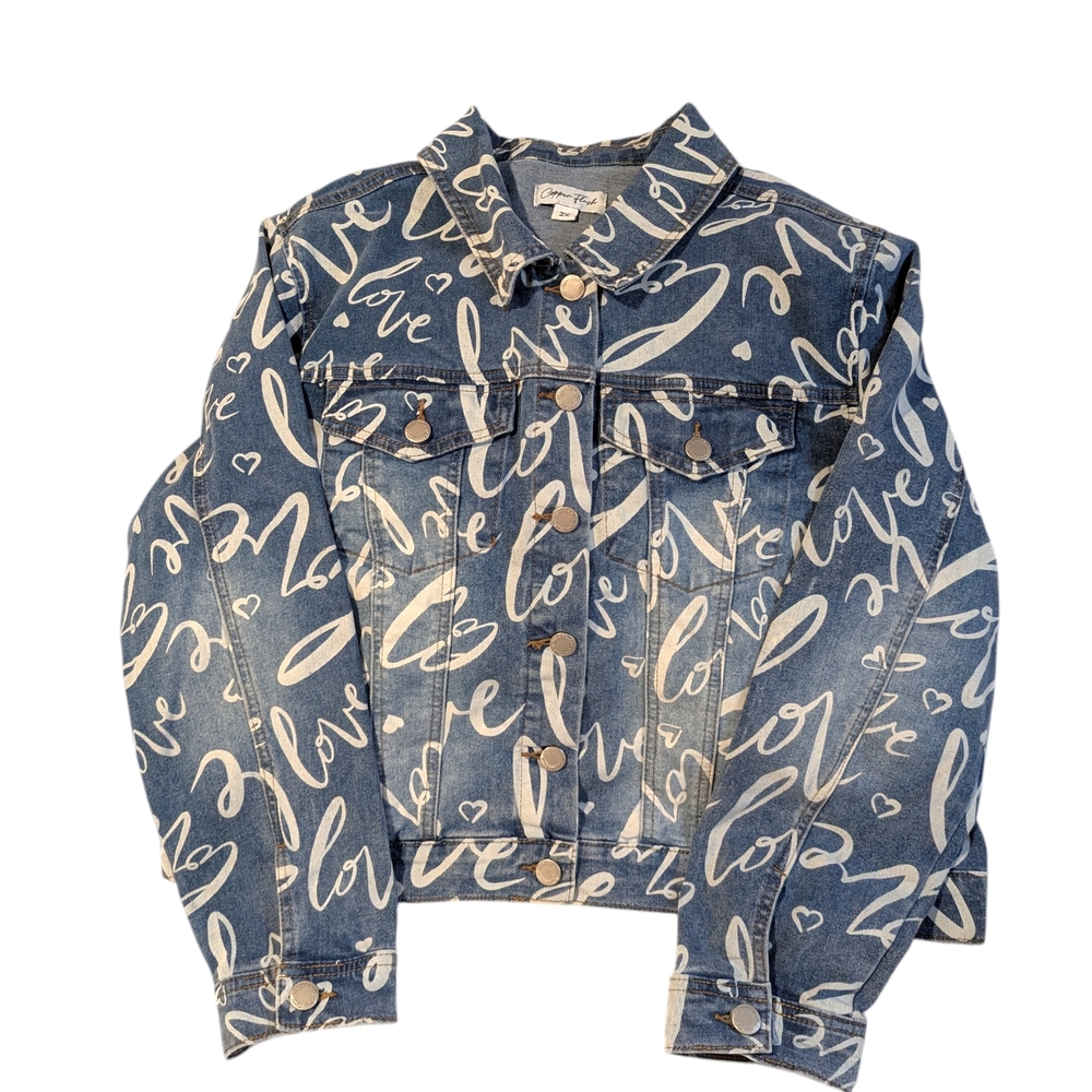 Copper Flash Denim Script Love Trucker Jacket Plus Size 2X